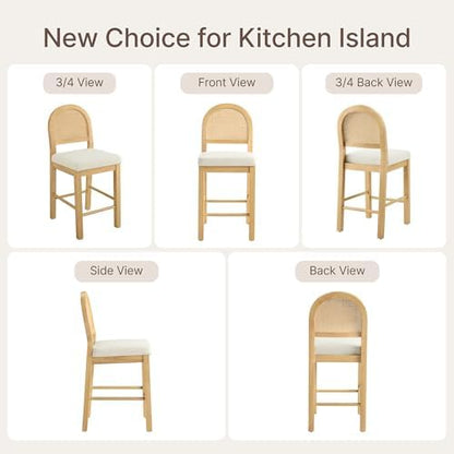 Upholstered Rattan Bar Stools, 26'' Counter Height, Set of 4, Natural