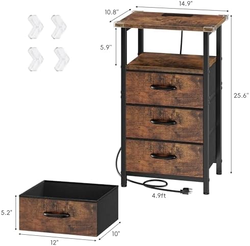 Nightstand with Charging Station, Bedside Table with USB Ports and Outlet, End Table Side Table with 3 Fabric Drawers and Storage Shelf, Bed Side Table Night Stand for Bedroom, Rustic Brown