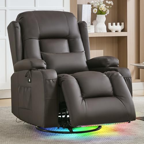 URRED Swivel Rocker Recliner Chair with LED Ambient Lights for Adults，Brown