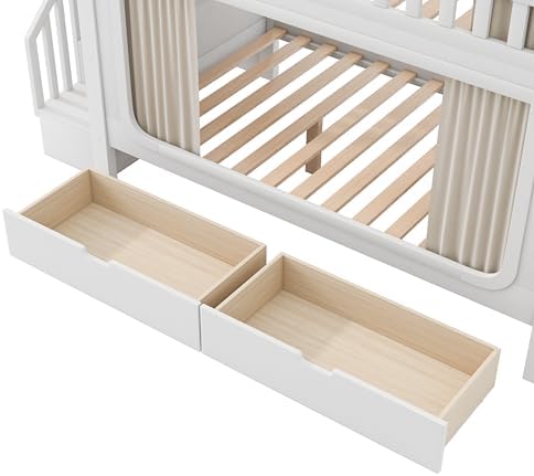 Full Over Full Bunk Bed with Privacy Curtains, Under Bed LED Lighting, Storage Stairs, and Built-in Compartments (White-4, Full)