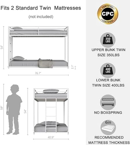 GDFStudio Bunk Bed Twin Over Twin Size, Corner Bed Frame with Metal Safety Guard Ladder,No Box Spring Needed, Noise Free, White