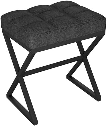YMYNY Vanity Stool, Linen Footrest Stool, Ottoman Bench with X-Shaped Metal Legs, Makeup Dressing Stool for Vanity, Living Room, Bedroom, Entryway, Hallways 15.74" D×11.81" W×18.11" H Black UHBD033B
