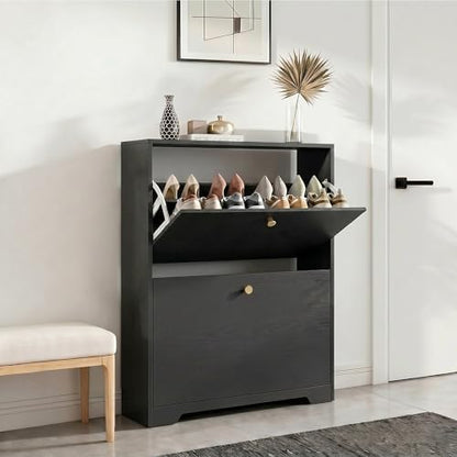 Nicetree Shoe Storage Cabinet with 2 Flip Drawer, Narrow Slim 2-Tier Shoe Organizer, Shoe Cabinet Storage for Entryway with Top Shelf and Hooks, Freestanding Wooden Shoe Rack, Black