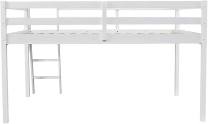 VINGLI Junior Low Loft Bed with Stairs, White Wood Loft Bed Full Size for Adults, Kids and Young Teens, No Box Spring Required,Wood Slat Support