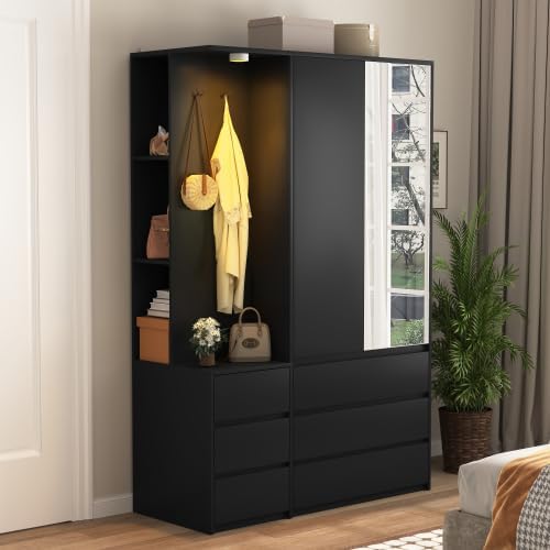 Black Wardrobe Closet with Mirror and LED Light, Armoire Wardrobe with 6 Drawers, Hanging Rod, Open Shelves, Freestanding Bedroom Storage Cabinet