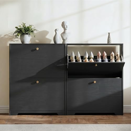Nicetree Shoe Storage Cabinet with 2 Flip Drawer, Narrow Slim 2-Tier Shoe Organizer, Shoe Cabinet Storage for Entryway with Top Shelf and Hooks, Freestanding Wooden Shoe Rack, Black