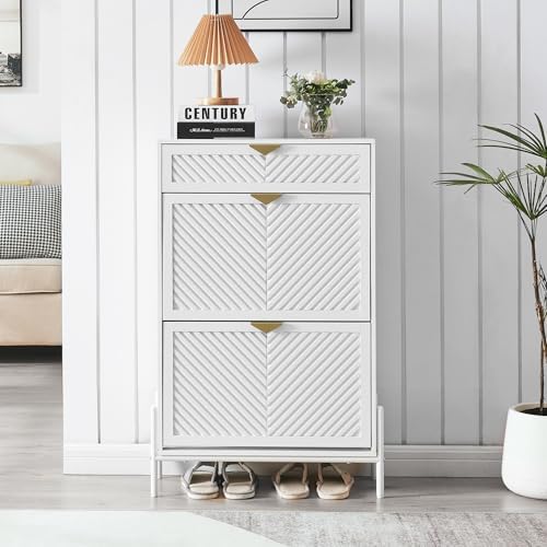 Shoe Cabinet with 2 Flip Drawers, Narrow Entryway Rack, White