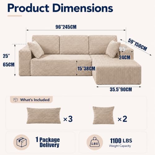 96" Modular Boneless Couch, L Sectional Couches for Living Room