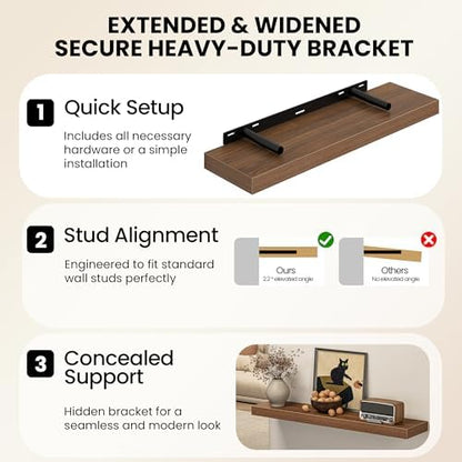 Floating Shelves for Wall, 40 Inch Long Set of 2 Rustic Wood Wall Shelves with Invisible Brackets, Heavy Duty Storage Display for Living Room Bedroom Kitchen, Walnut