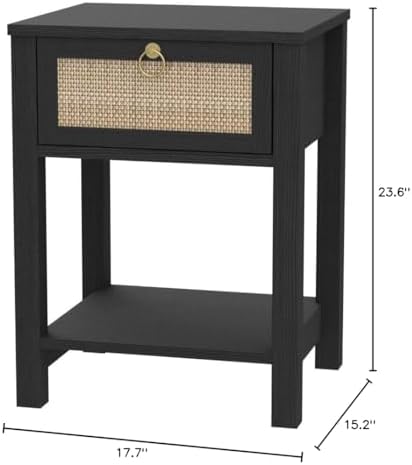 SICOTAS Rattan Nightstand with Storage Shelf, Boho Bedside Table End Table