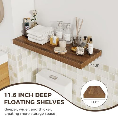 Deep Floating Shelves, 32W x 12D Walnut Wall Shelves, 32 Long Rustic Wood Wide Storage Shelves for Bedroom, Kitchen, Farmhouse, Laundry Room, Bedroom, Kitchen, Home Office- Set of 3