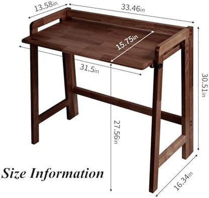 Computer Desk, Foldable Desk, Home Office Desks, Solid Wood Writing Desk, Mid Century Modern Desks, Oak Study Table, Folding Desks for Small Spaces, 31.5 W x 27.6 H x 13.6 D Inches, Walnut