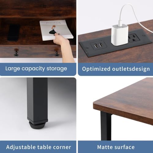 27" Nightstand Set 2 with Charging Station & 3 Drawer, Retro Brown