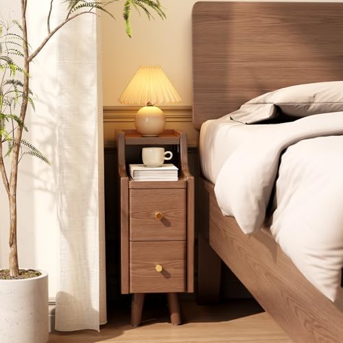 Narrow Nightstand with 2 Drawers,Solid Wood Bedside Table,Walnut Nightstand