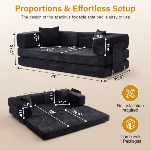 79" Futon Sleeper Sofa Bed, Boneless Couch for Living Room，Black