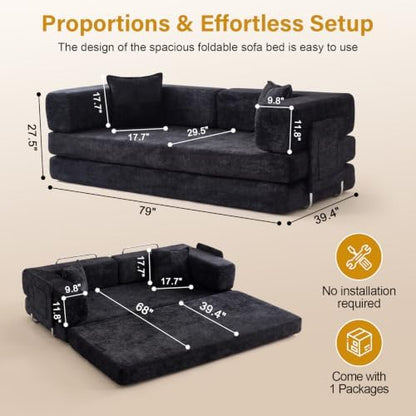 79" Futon Sleeper Sofa Bed, Boneless Couch for Living Room，Black