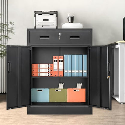 Wanfu Metal Storage Cabinet, 36" H x 28" W x 16" D Locking Cabinet with 1 Drawer and Adjustable Shelf, Metal Cabinets for Office, Garage, Home-Black