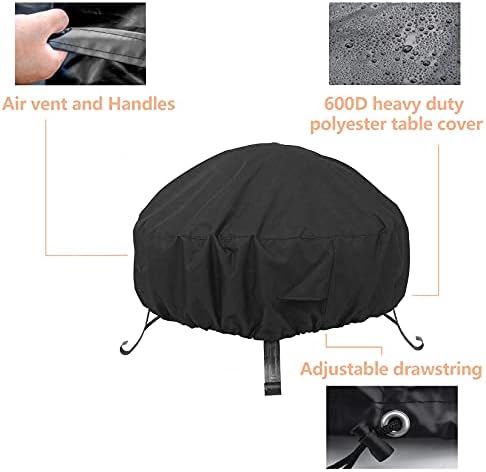 Round Fire Pit Cover 40-44 Inch 600D Heavy Duty Gas Firepit Cover with Drawstring and Handles, PVC Coating Waterproof and Fade Resistant (44" Dia x 18" H)
