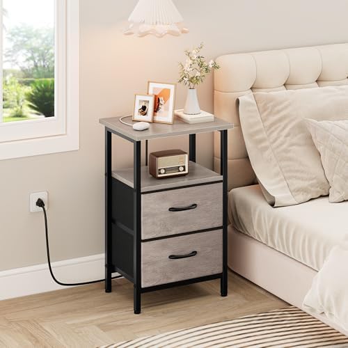 Vagusicc Nightstand with Charging Station, Side Table with 2 Fabric Drawers, Bedside Table with Open Shelf, 24.2" Tall End Table with USB Ports and Outlets, Night Stand for Bedroom, Greige
