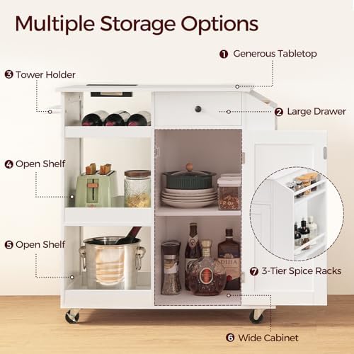 MAHANCRIS Kitchen Island with Power Outlet, Kitchen Storage Island with Drawer, Rolling Kitchen Cart on Wheels, Spice Rack, Towel Rack, Wine Rack, for Dining Room, White KIWT122E01