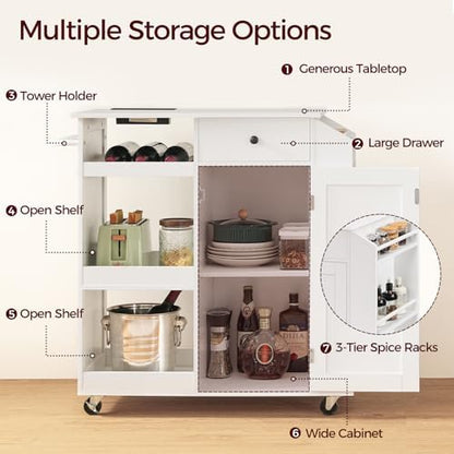 MAHANCRIS Kitchen Island with Power Outlet, Kitchen Storage Island with Drawer, Rolling Kitchen Cart on Wheels, Spice Rack, Towel Rack, Wine Rack, for Dining Room, White KIWT122E01
