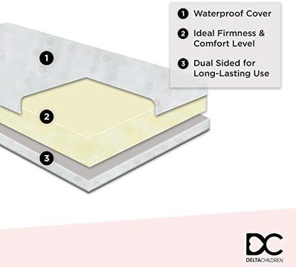 Delta Children Twinkle 4-in-1 Convertible Baby Crib, Sustainable New Zealand Wood, Grey and Delta Children Twinkle Galaxy Dual Sided Recycled Fiber Core Crib and Toddler Mattress (Bundle)