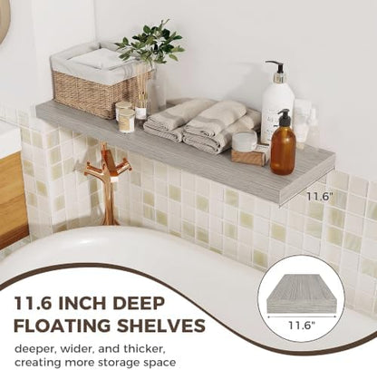 12 Deep Floating Shelves, 40W x 12D Floating Shelves for Wall Set of 2, Extra Deeper Hanging Wood Shelves for Wall for Living Room Kitchen Laundry Room Kitchen Home Office - Grey