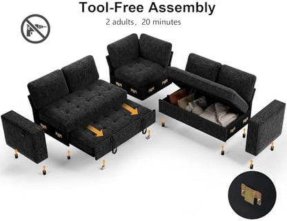 WEUP 5 Seat L Shaped Sectional Sleeper Sofa Bed with Pull Out Bed, Chenille Sectional Sleeper Couch with Adjustable Backrest, USB Ports & Storage Seat, Tool-Free Assembly, Chenille Black