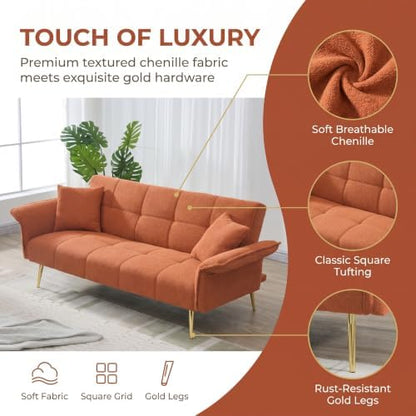 70.1" Convertible Futon Sofa Bed, Teddy Loveseat Couches, Orange