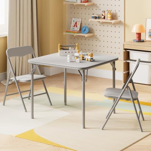 JOYMOR Kids Folding Table and Chairs Set, 3-Piece Metal Frame Activity Set with Easy-Fold Design for Playroom & Classroom, Gray