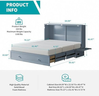 BALUS Queen Murphy Bed, Cabinet Murphy Bed with USB Charging Station-Blue