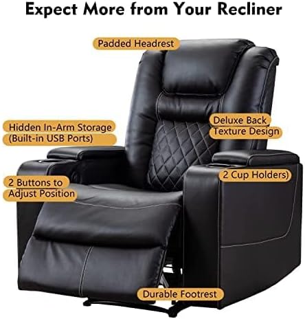 CANMOV Electric Power Recliner Chair Set of 5, Breathable Leather Home Theater Seating with Hidden Arm Storage, Power Recliner Chair for Living Room with USB Ports and Cup Holders,Black