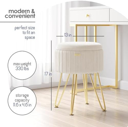 Round Ottoman with Storage, Pleated Velvet Storage Ottoman, Foot Stool Ottomans, Makeup Vanity Stool, Small Ottomans Foot Rest, Modern Vanity Stools for Living Room and Bedroom, Cream
