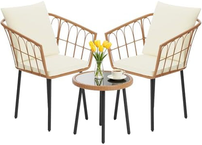 FDW 3 Pieces Patio Furniture Set, Patio Furniture Natural Rattan Patio Chairs Set with Coffee Table Cushion for Patio Porch Backyard Poolside Gardent, Beige