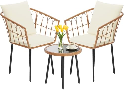 FDW 3 Pieces Patio Furniture Set, Patio Furniture Natural Rattan Patio Chairs Set with Coffee Table Cushion for Patio Porch Backyard Poolside Gardent, Beige