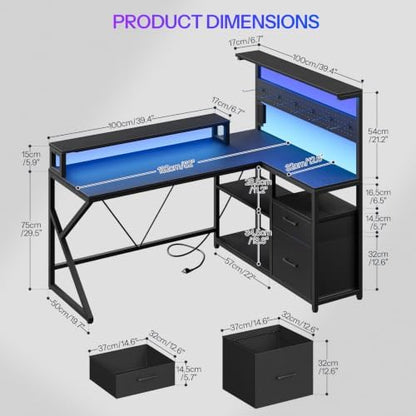 HOOBRO Computer Desk, L Shaped Desk with LED Lights and Power Outlet