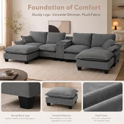 143.3" Oversized Sectional Couches with Cup Holder & USB Port, 4 Seat U-Shape Boneless Couch with 2 Ottomans & Pillows, Chenille Modern Cloud Grey Sofa for Living Room, Apartment