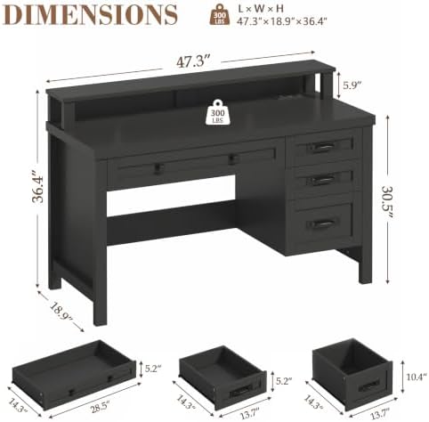 47" Farmhouse Computer Desk with Drawers & Outlets for Home Office, Bedroom