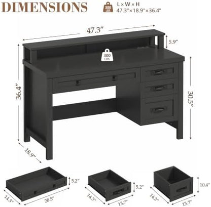 47" Farmhouse Computer Desk with Drawers & Outlets for Home Office, Bedroom
