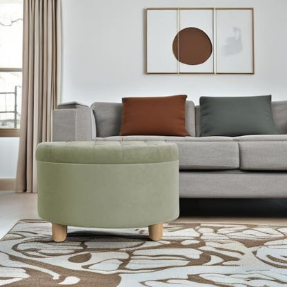 HomePop 28" Button Tufted Velvet Round Storage Ottoman - Light Sage Green Velvet