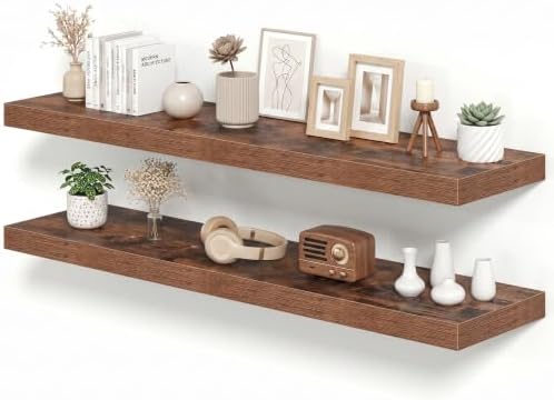 12 Inch Deep Floating Shelves Brown, 48 Inch Long, 2" Thick Floating Shelves for Wall, Hidden Bracket, Scratch-Resistant Wood Grain for Bedroom Bathroom Kitchen, Coffee Bar, Bookshelf