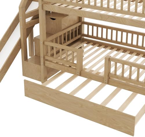 Twin Over Twin Bunk Bed with Storage Staircase, Slide and Trundle,for Kids Teens Adults Bedroom Use (Walnut-ST, Twin Over Twin)