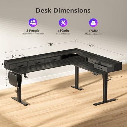 WALKINGDESK 75 Inches Height Adjustable L Shaped Standing Desk with 5 Drawers and Monitor Shelf, Electric Sit to Stand Home Office Computer Table, Ergonomic Corner Gaming Desk, Black
