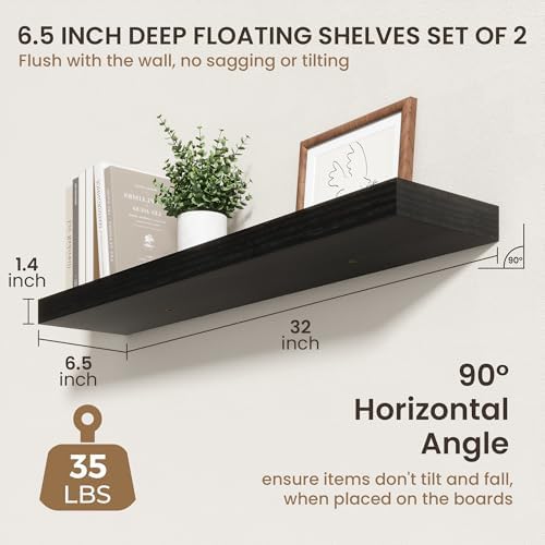 FLYJOE 32 Inch Floating Shelves, 6.5 Inch Deep Black Shelves Set of 2