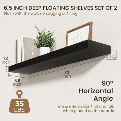 FLYJOE 32 Inch Floating Shelves, 6.5 Inch Deep Black Shelves Set of 2