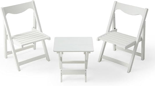 Outdoor Bistro Set Foldable Small Table and Chair Set,with 2 Chairs and Rectangular Table (White + HDPE)
