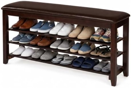 3-Tier Shoe Bench 47" Solid Wood Leather Cushion Shoe Storage Bench