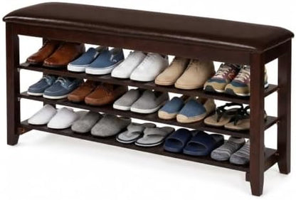 3-Tier Shoe Bench 47" Solid Wood Leather Cushion Shoe Storage Bench