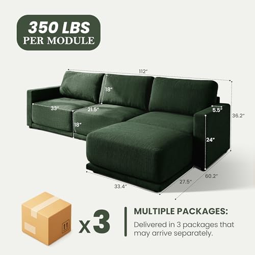 112" L-Shaped Modular Couch, 3 Seater Sofa with Ottoman, Dark Green