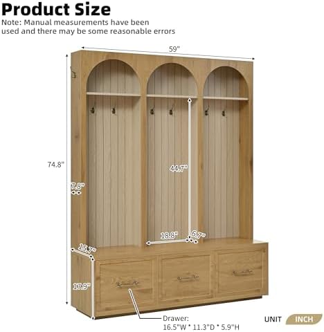 Merax Farmhouse Wood Hall Tree with Shoe Bench and 3 Drawers, Natural